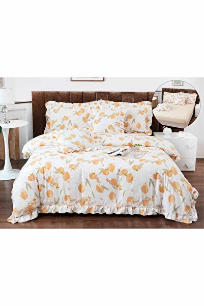 OEM Bed linen with ruffles, 2 persons, finet, 6 pieces, with elastic, cream, fruit print, LELV118