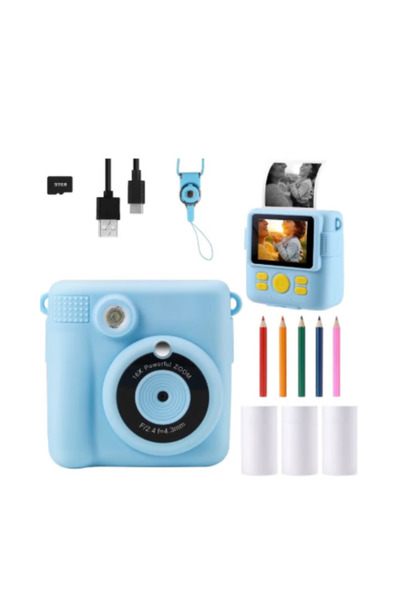 Generic كاميرا طباعة فورية للأطفال - كاميرا رقمية عالية الدقة 1080 بكسل مقاس 2.4 بوصة مع بطاقة SD سعة 32 جيجابايت و5 لفات ورق وملصقات