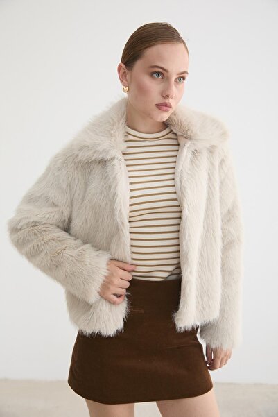 LEVURE Kadın Agraf Kapamalı Astarlı Kürk TAŞ