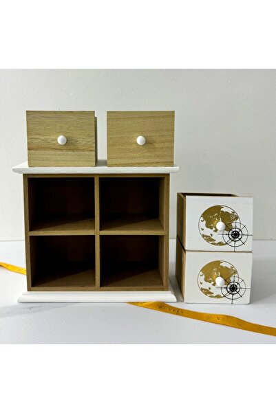 velve Static wooden box, cabinet type, for accessories, jewelry, cosmetics, 4 compartments, Brown-White
