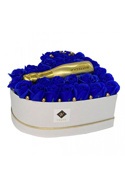 velve Aranjament floral Gold Blue, cutie inima cu trandafiri de sapun si Prosecco Bottega Gold, Albastru