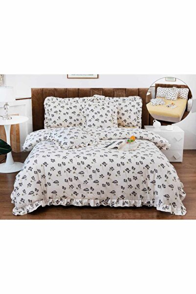 OEM Bed linen with ruffles, 2 people, finet, 6 pieces, with elastic, white, flower print, LELV111