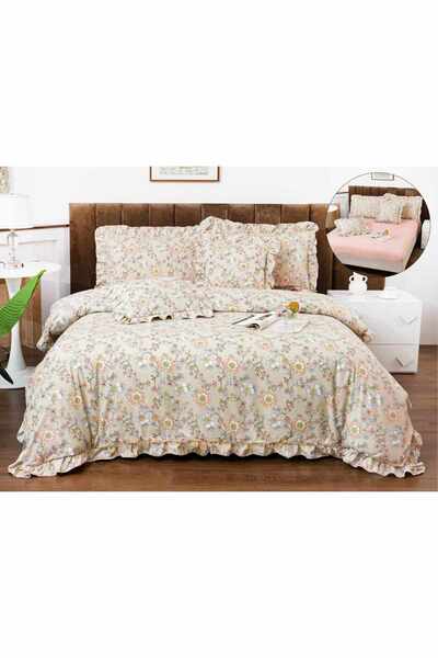 OEM Bed linen with ruffles, 2 persons, finet, 6 pieces, with elastic, cream, flowers, LELV117