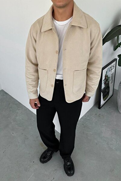 HAFKAGİYİM Jachetă relaxată din țesătură din piele intoarsa crem cu detaliu cu nasturi