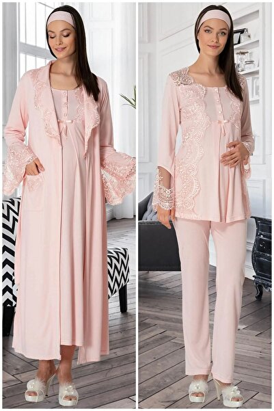 LOHOUSE Women's Powder Special Lace Design Long Maternity Nightgown-Robe and Pajama Set 4-Piece Set