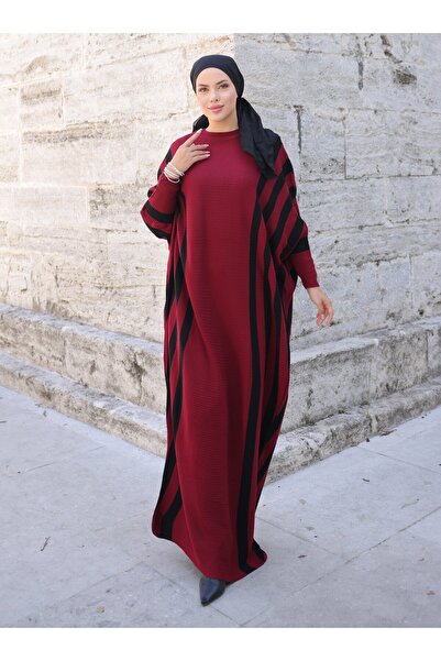 SAHRA BUTİK Striped Knitted Bat Dress - Burgundy -