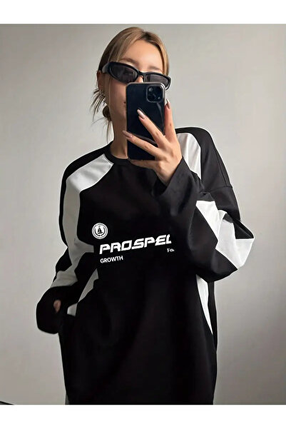 Touz سترة رياضية بياقة دائرية كبيرة الحجم للجنسين مطبوعة باللون الأسود من Y2K Streetwear