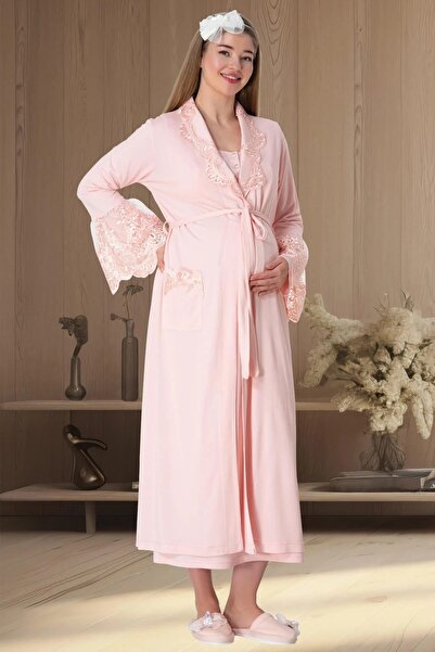 LOHOUSE Women's Powder Special Lace Design Long Maternity Nightgown-Robe and Pajama Set 4-Piece Set