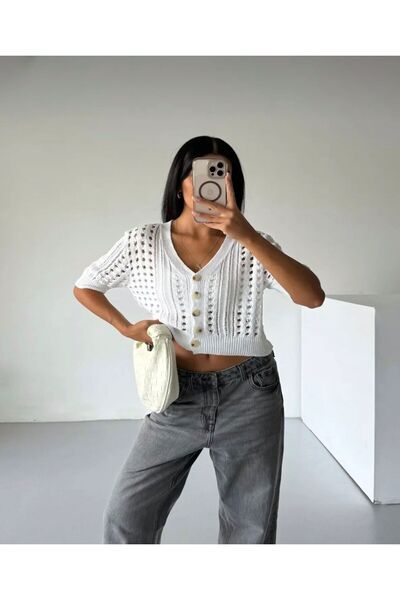 Serenay Atelier Short Sleeve Openwork Patterned Button Detailed 100% Cotton Crop Cardigan