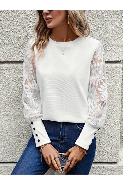 Generic Brand    Women's Long Sleeve Crew Neck Sleeves Floral Waffle Blouse