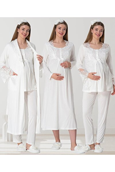 LOHOUSE Women's Ecru Special Lace Design Long Maternity Nightgown-Dressing Gown and Pajama Set Set of 4