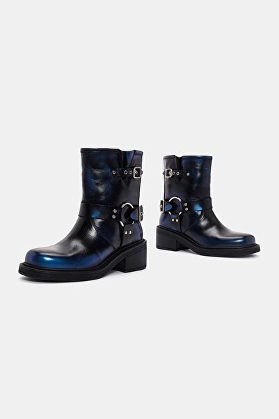 Bestyle Rock Kadın Mavi Metalik Toka Detaylı Deri Bot