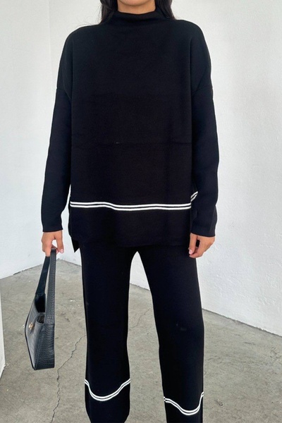 Ded COLLECTION Women's Striped Stand Collar Long Sweater Wide Leg Pants Casual Knitwear Set