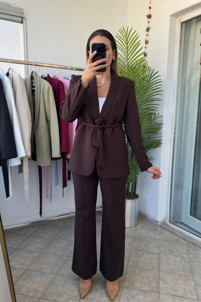 Kubos Moda Women's Belted Blazer Jacket Pants Top and Bottom Two-Piece Coffee Set