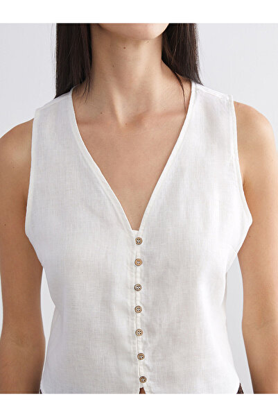 LC Waikiki Lcw Vision Ecru V-Neck 100% Linen Women's Classic Vest W5Le88Z8