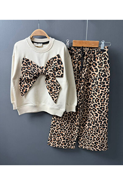 Esprix Kids Fiyonk Detaylı Kız Çocuk Leopar Desenli Sweatshirt Takımı