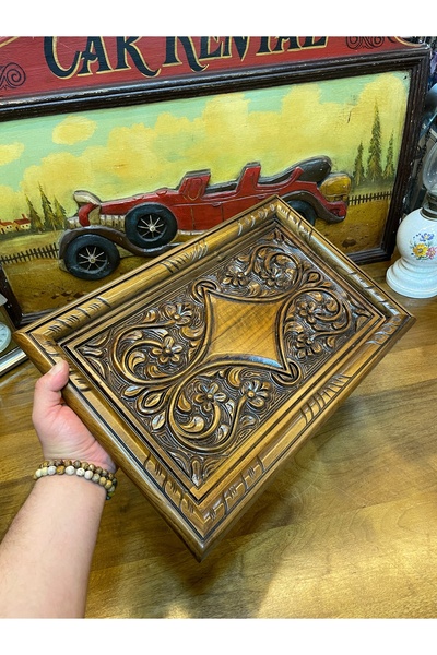 ANTİKA AYAL Walnut Hand Carved Tray 46X30 cm
