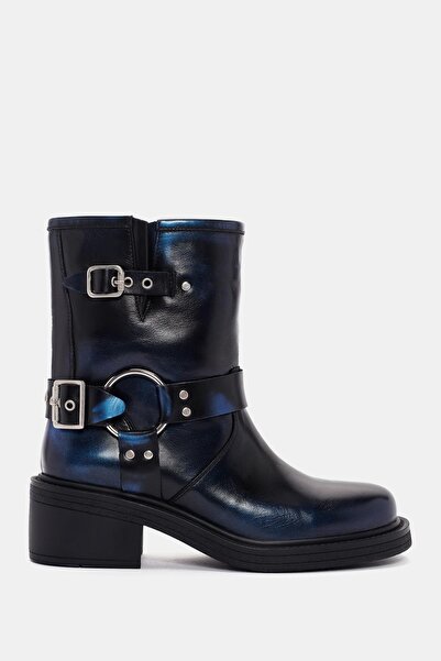 Bestyle Rock Kadın Mavi Metalik Toka Detaylı Deri Bot