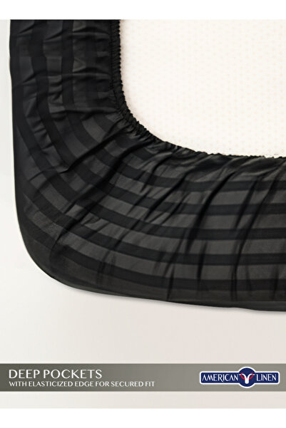 American Linen Queen Size Striped Fitted Elastic Bedsheet with 2 Pillow Cases 180 x 200 Cm (Black)