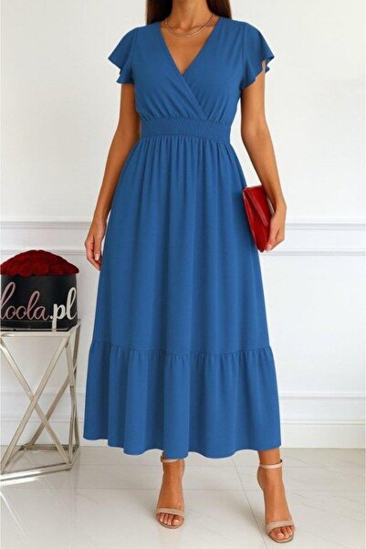 ARONA Women's Short Butterfly Sleeve Double Breasted Collar Aerobin Dress with Elastic Waist