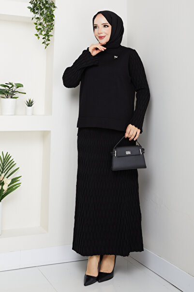 Pamuk Butik Kadın Merserize Mandal Örgülü Broşlu Etekli İkili Takım