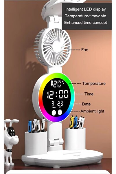 Tastech ÇOK FONKSİYOKLU MASA LAMBASI RGB LED IŞIKLI SAAT TAKVİM DERECE VANTİLATÖR KALEMLİK