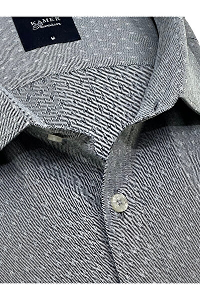KAMER Men's Regular Fit Long Sleeve Classic Collar Single Pocket Patterned Light Gray Shirt 3684g