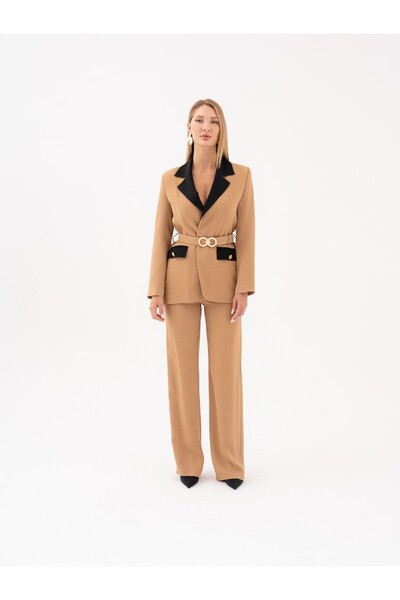 SERPİL Belden Kemerli Çift Renk Ceket ve Boru Paça Pantolonlu İkili Takım 40238
