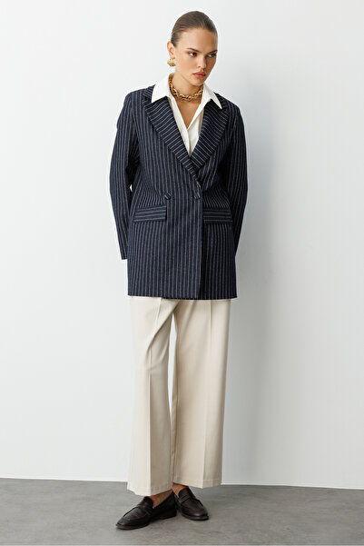 Mizalle Oversize Lacivert Çizgili Özel Tasarım Kruvaze Ceket