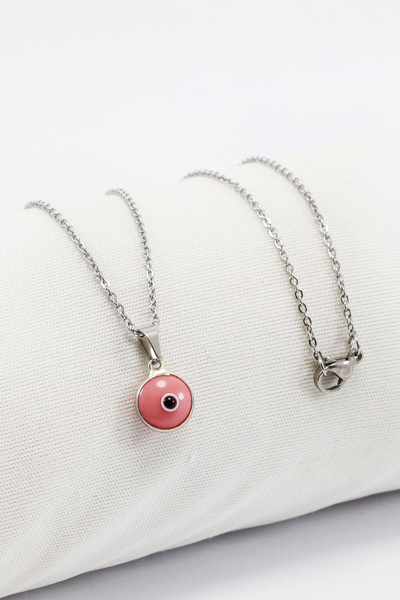 biuti قلادة مرصعة بالخرز الوردي على شكل عين الحسد (سلسلة فولاذية 60 سم)، لون فضي