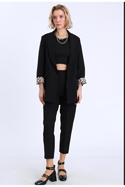 SESABUTİK Leopar dokunuşlu siyah Blazer