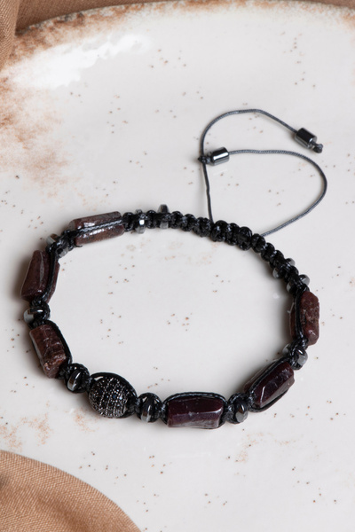 OSMANLI DEĞERLİ TAŞ Certified Lal-Hematite Natural Stone Macrame Adjustable Bracelet with Zircon Apparatus