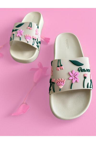GEZER Bej Kadin Flower Pool Slippers - Beach Floral Patterned Slippers
