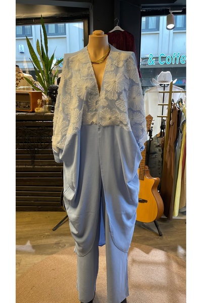By-esq Women's Stone Embroidered Kimono Pants Double Set