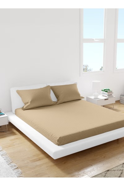American Linen Queen Size Striped Fitted Elastic Bedsheet with 2 Pillow Cases 180 x 200 Cm (Beige)