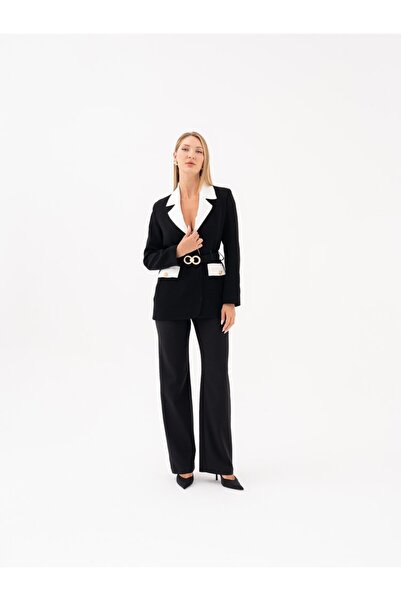 SERPİL Belden Kemerli Çift Renk Ceket ve Boru Paça Pantolonlu İkili Takım 40238