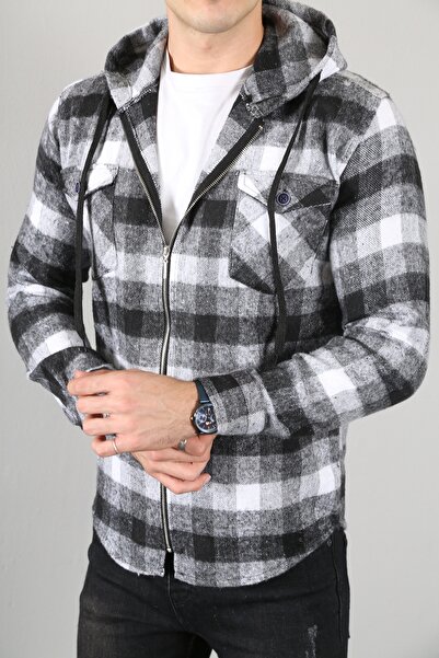 Decas Erkek Fermuarlı Kapüşonlu Oduncu Gömlek - Füme-Beyaz