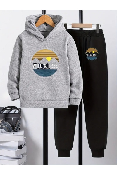 Cevval Children's Printed Hooded Sweatshirt and Sweatpants Set 3 Thread Raster for Autumn/Winter