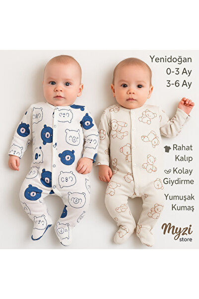 MYZİ STORE Дитячий комбінезон – 100% бавовна, приємний для шкіри, 0-1 / 0-3 / 3-6 місяців – (малюнок ведмедик і квіти)