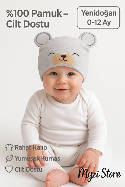 MYZİ STORE Baby Hat – 100% Cotton, Patterned with Ears & Accessory Model – 0-12 Months