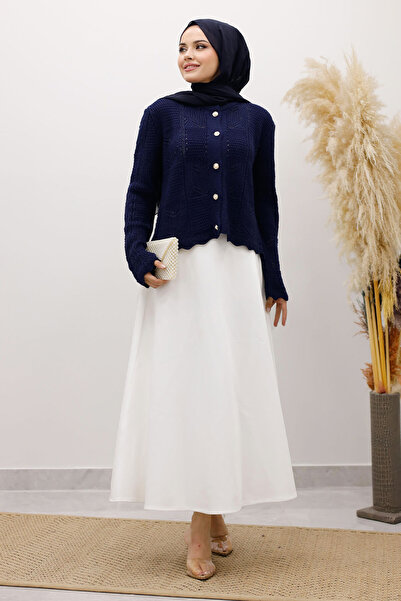 Tesettür Dünyası Embroidered Perforated Knitwear Cardigan Tsd250227 Navy Blue