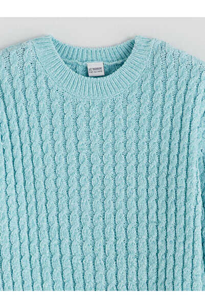 LC Waikiki Turkuaz Bisiklet Yaka Kız Çocuk Kazak