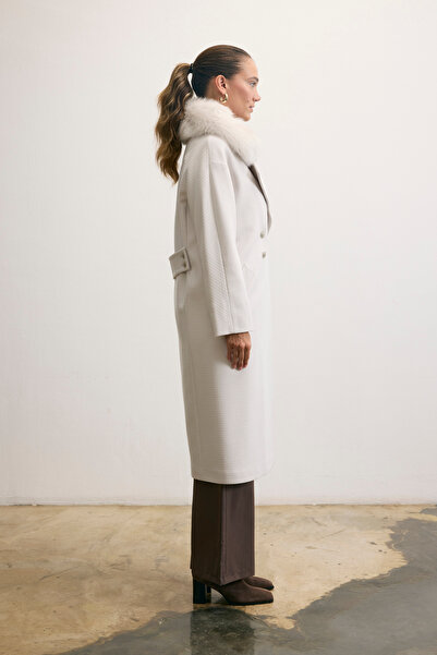KENT Long Light Grey Coat with Fur Collar