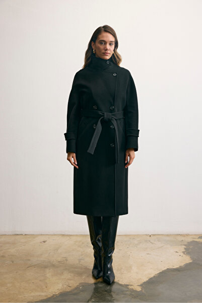 KENT Belted Long Cashmere Trench Black Coat