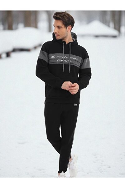 KozaLüks Men's Hooded Tracksuit Set with 3 Threads – Winter Sports and Casual Combination