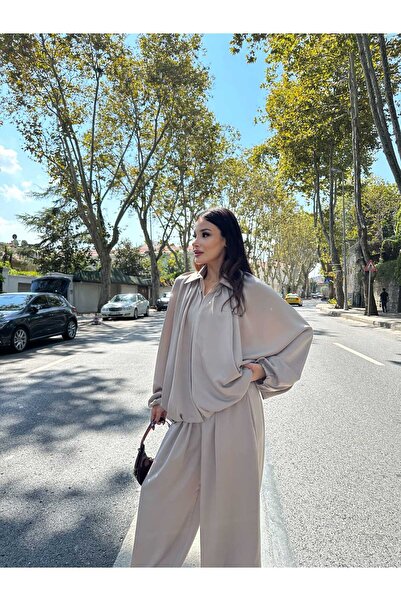 Hatun Atila Satin Gathered Pleated Bumber Jacket Pants Set 3015 - Beige