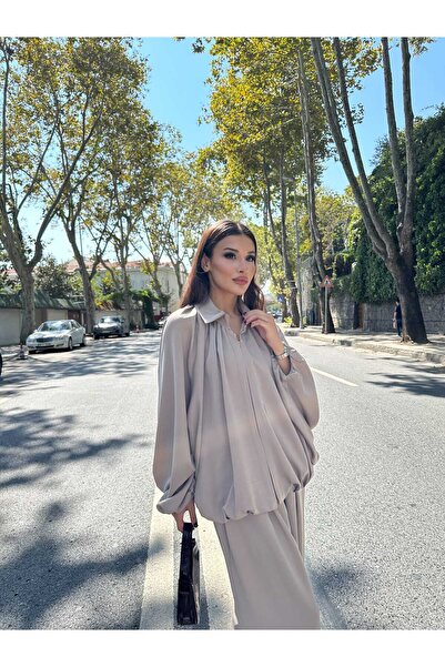 Hatun Atila Satin Gathered Pleated Bumber Jacket Pants Set 3015 - Beige