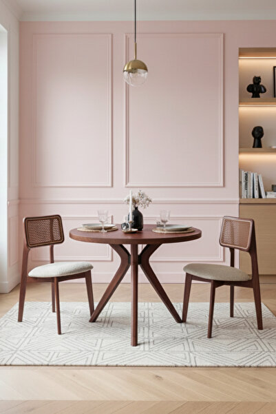 Woodenbend Arlen Yuvarlak Ceviz Rengi Masa 90 cm – 2 Hazeranlı Sandalyeli Ahş...