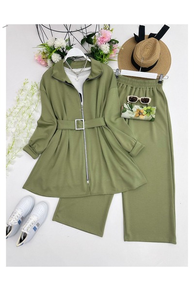 YEDİLALE Belted Pleated Zippered Oy.Sho Fabric Jacket Pants Casual Double Set