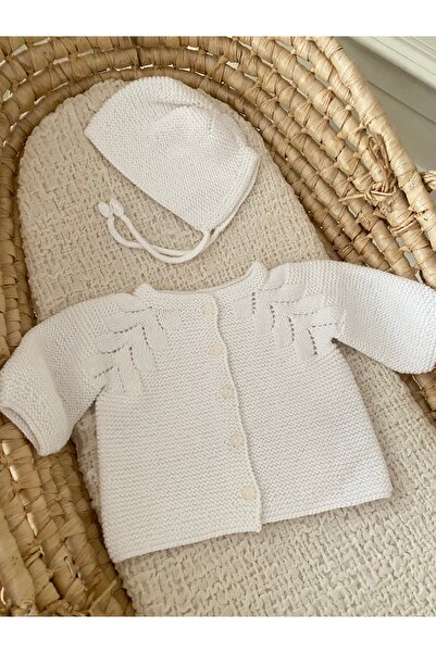 Florijee Knitwear Openwork Baby Cardigan and Hat Set White
